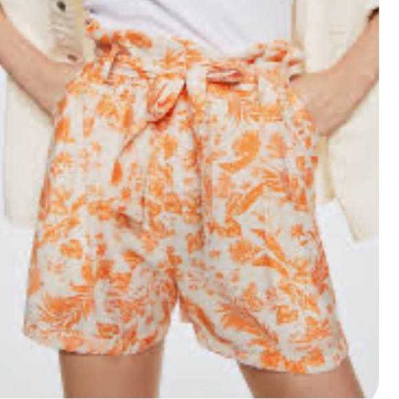 Mango Printed Paper Bag Shorts Tie Belt Orange Toile Tropical Preppy Size 8 - Picture 1 of 11